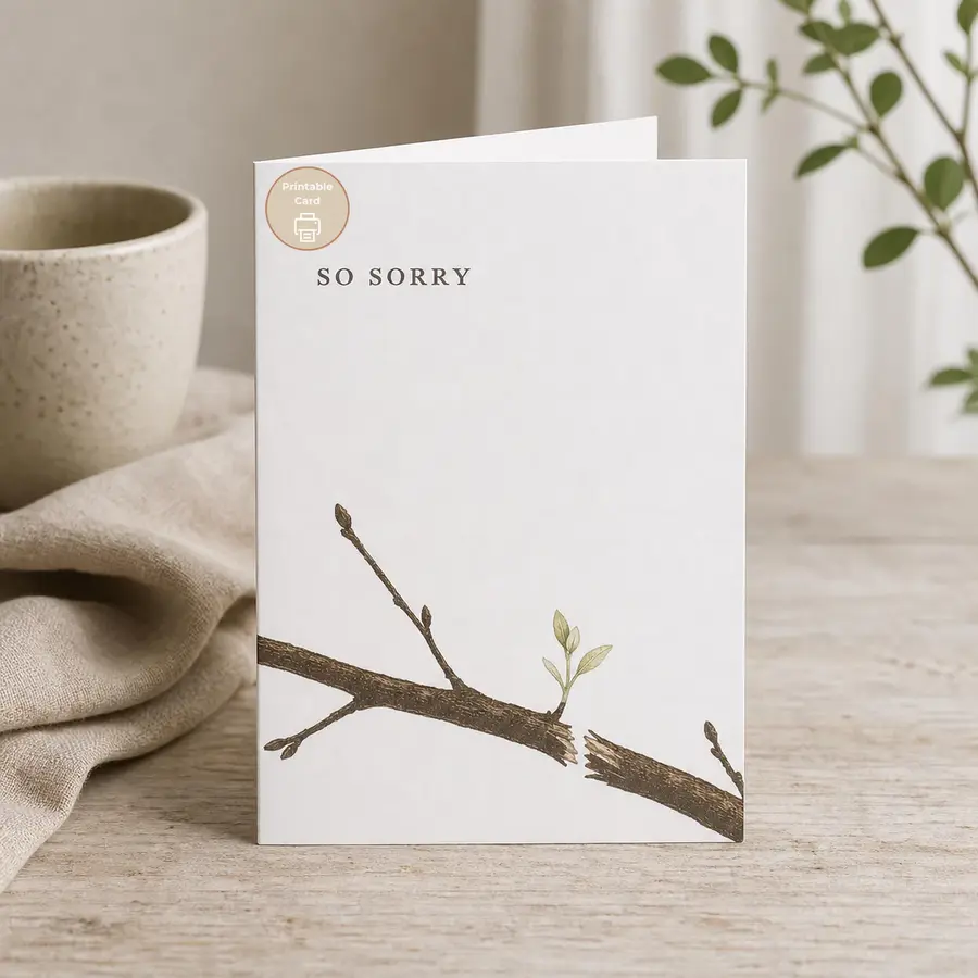 Styled product mockup: A quiet printable sympathy card for sending a simple, heartfelt note after loss.