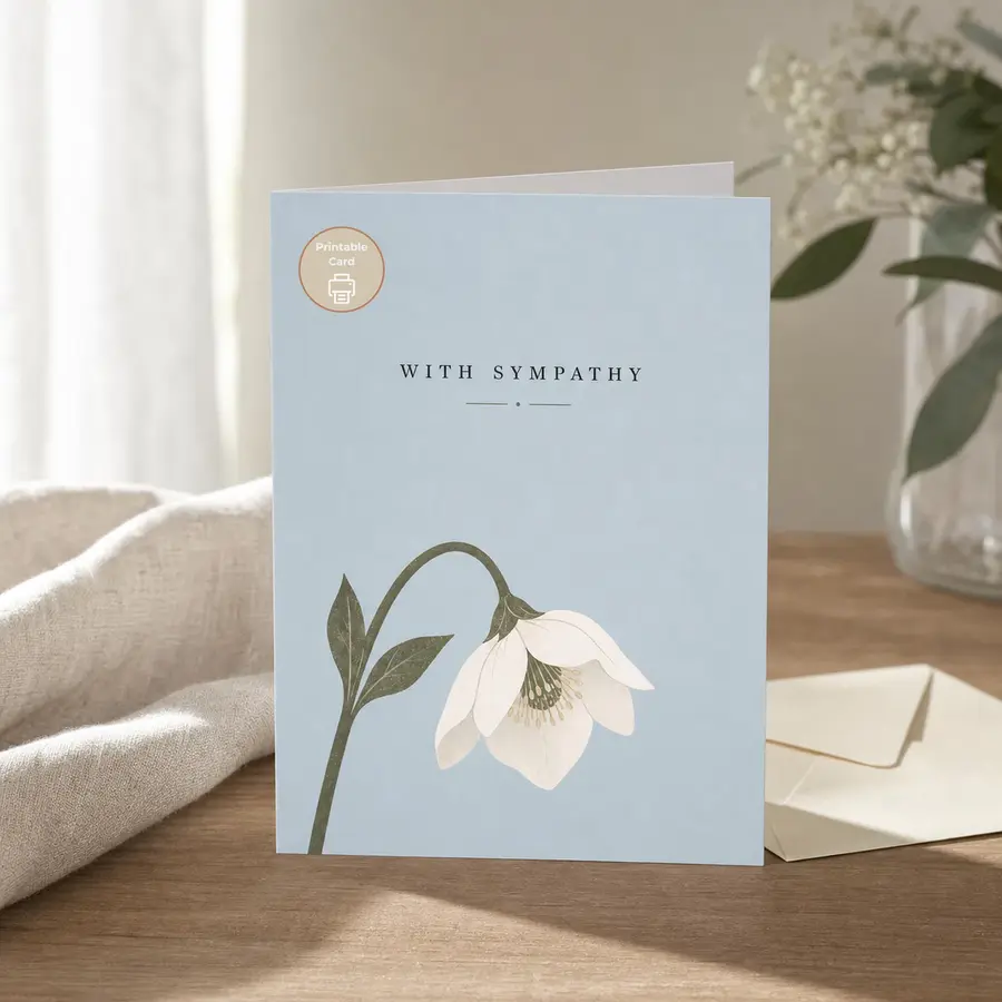 Styled product mockup: A gentle printable sympathy card with a soft pale blue background, elegant spaced lettering, and a quiet white hellebore flower.
