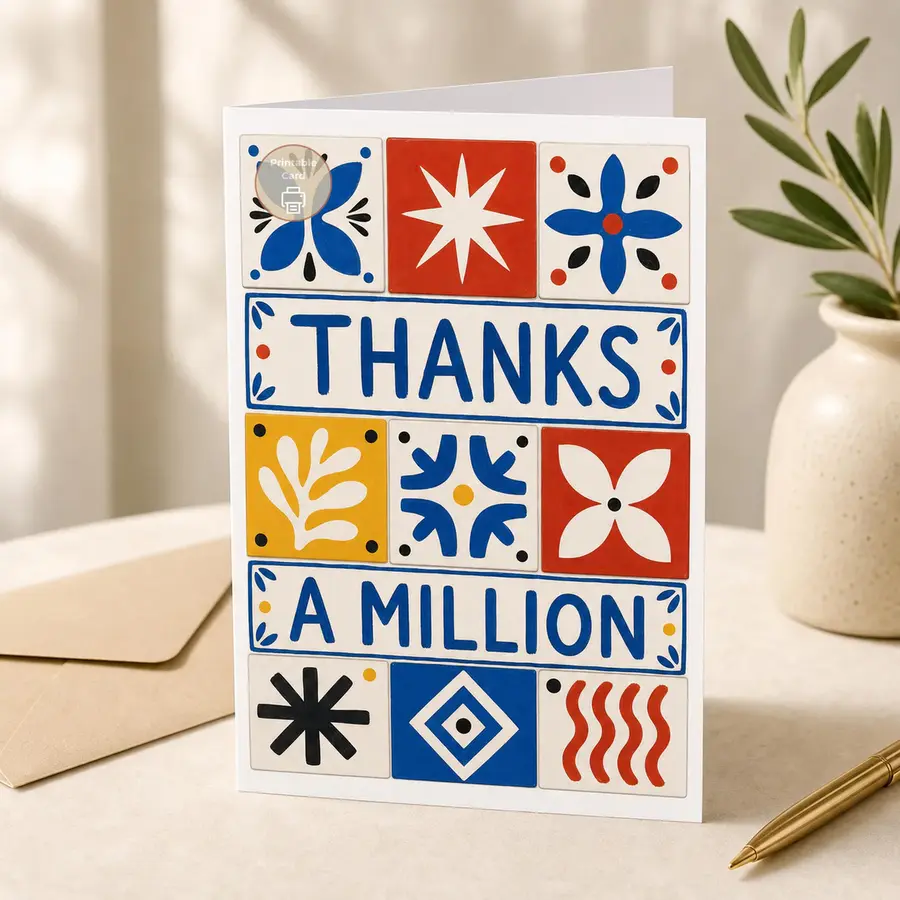 Styled product mockup: A printable thank you card with a bright Spanish tile inspired layout, hand-painted blue lettering, and bold red, yellow, black, and cobalt folk motifs.