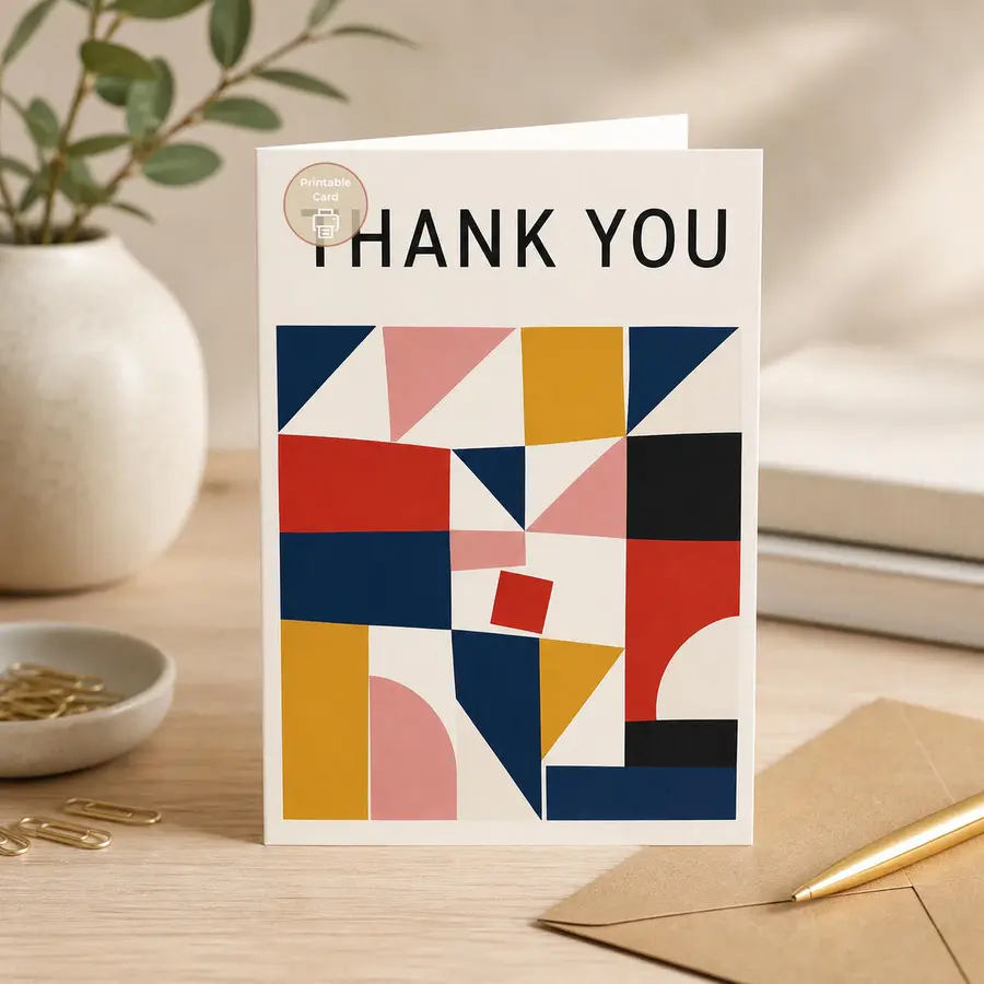 Styled product mockup: Send a polished note of appreciation with a modern thank you card featuring bold black lettering and a colorful geometric patchwork design.