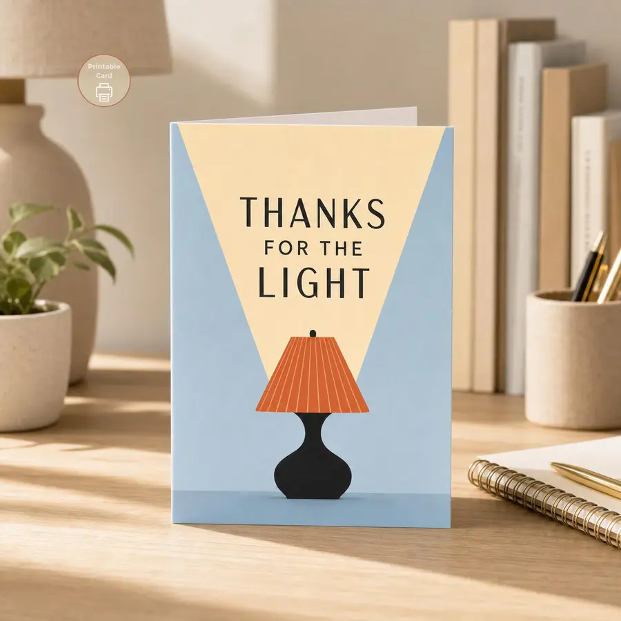 Styled product mockup: A warm printable thank you card with a glowing lamp illustration and the message Thanks for the Light.