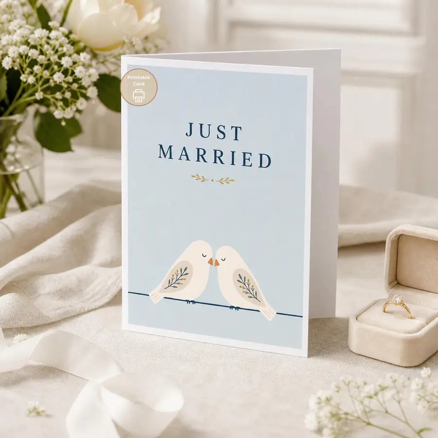 Styled product mockup: A gentle printable wedding card with two white lovebirds touching beaks beneath elegant Just Married lettering.