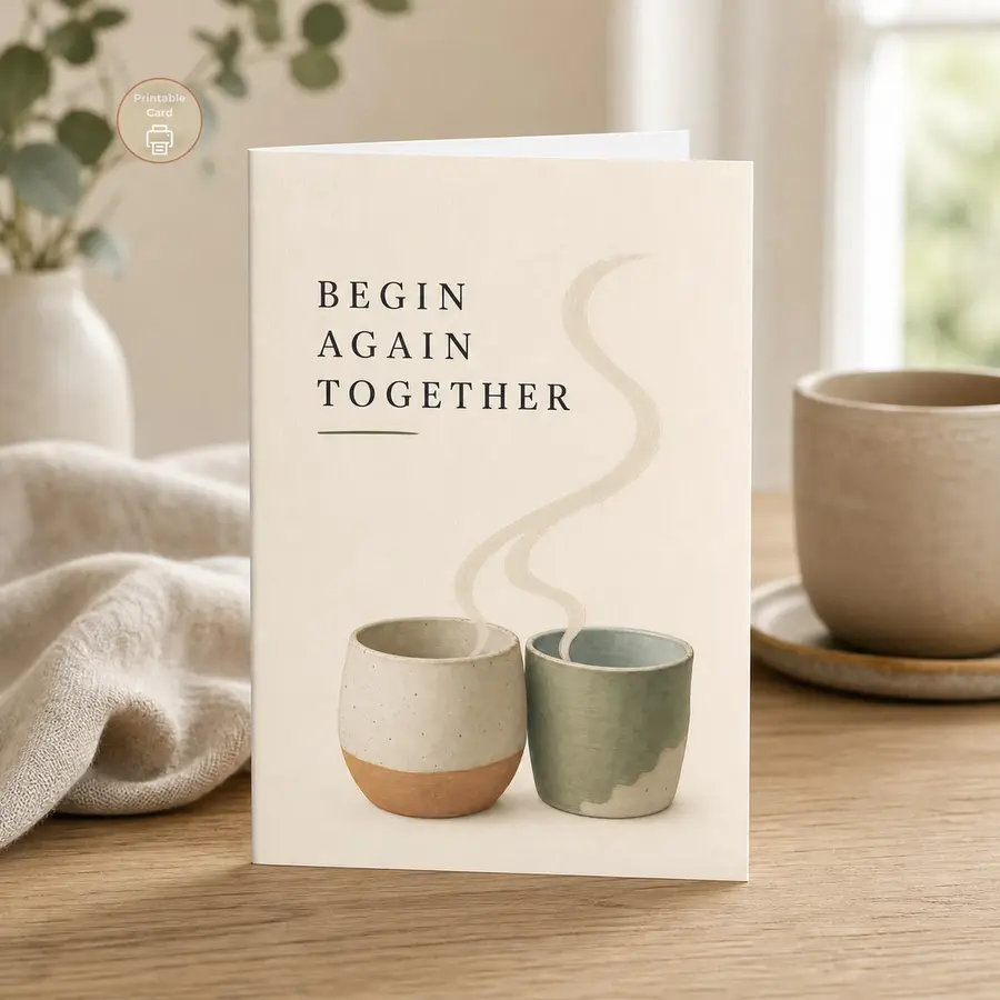 Styled product mockup: A gentle printable card for couples choosing a fresh start together.