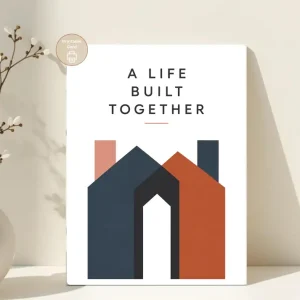 Styled product mockup: A modern printable new home card for couples building a shared life, moving in together, or celebrating a first house.