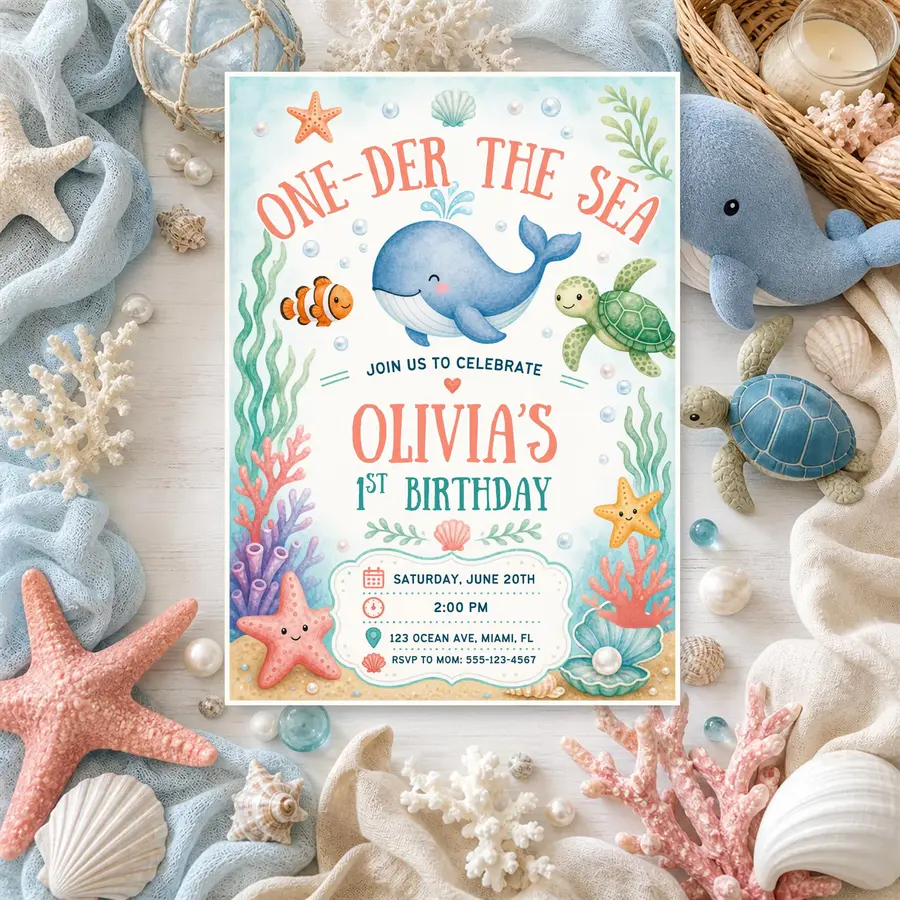 Styled product mockup: One-der the Sea 1st Birthday Invitation, Editable Canva Invite, Ocean Whale Turtle 5x7 Printable Digital Invite, Instant Download.