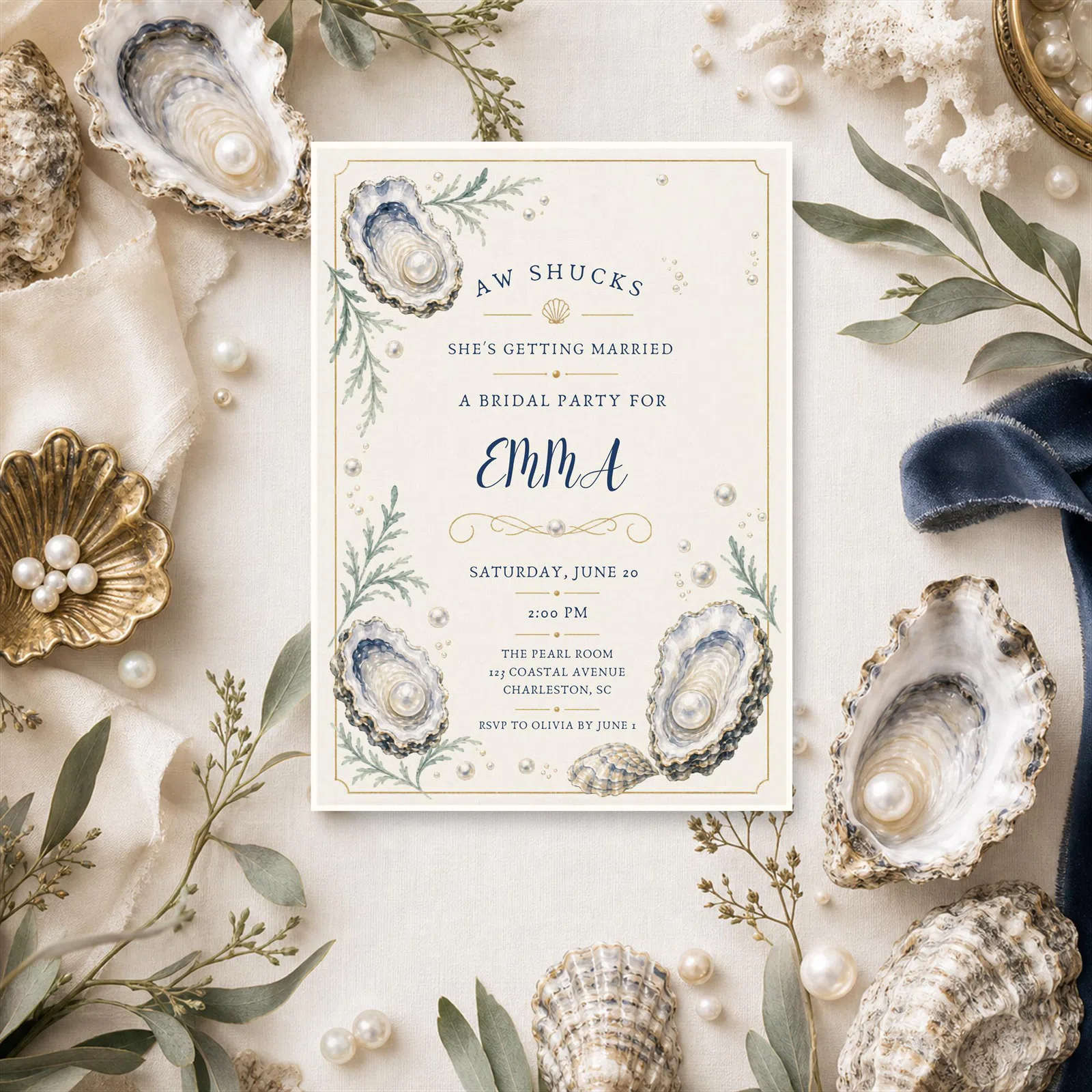 Styled product mockup: Aw Shucks Bridal Party Invitation Editable Canva Invite, Oyster Pearl Coastal 5x7 Printable Digital Invitation Instant Download.