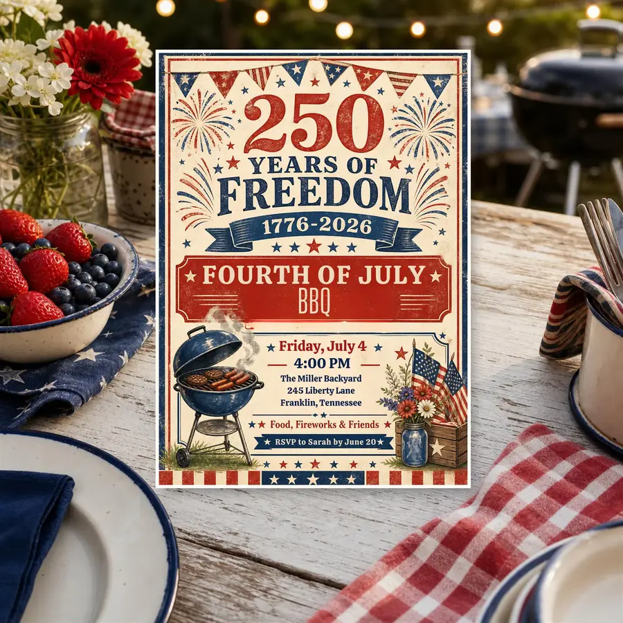Styled product mockup: Vintage Americana Fourth of July BBQ Invitation Template, Editable Canva Invite, 5x7 Printable Digital America 250 Party Invite.