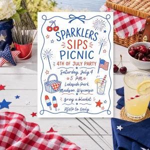 Styled product mockup: 4th of July Picnic Party Invitation Editable Canva Invite, 5x7 Printable Patriotic Digital Invitation Instant Download.