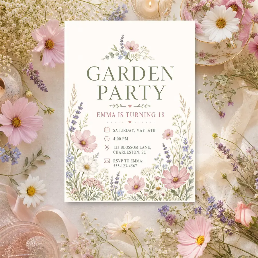 Styled product mockup: Wildflower Garden Party 18th Birthday Invitation Template, Editable Canva Invite, 5x7 Printable Digital Invitation, Instant Download.