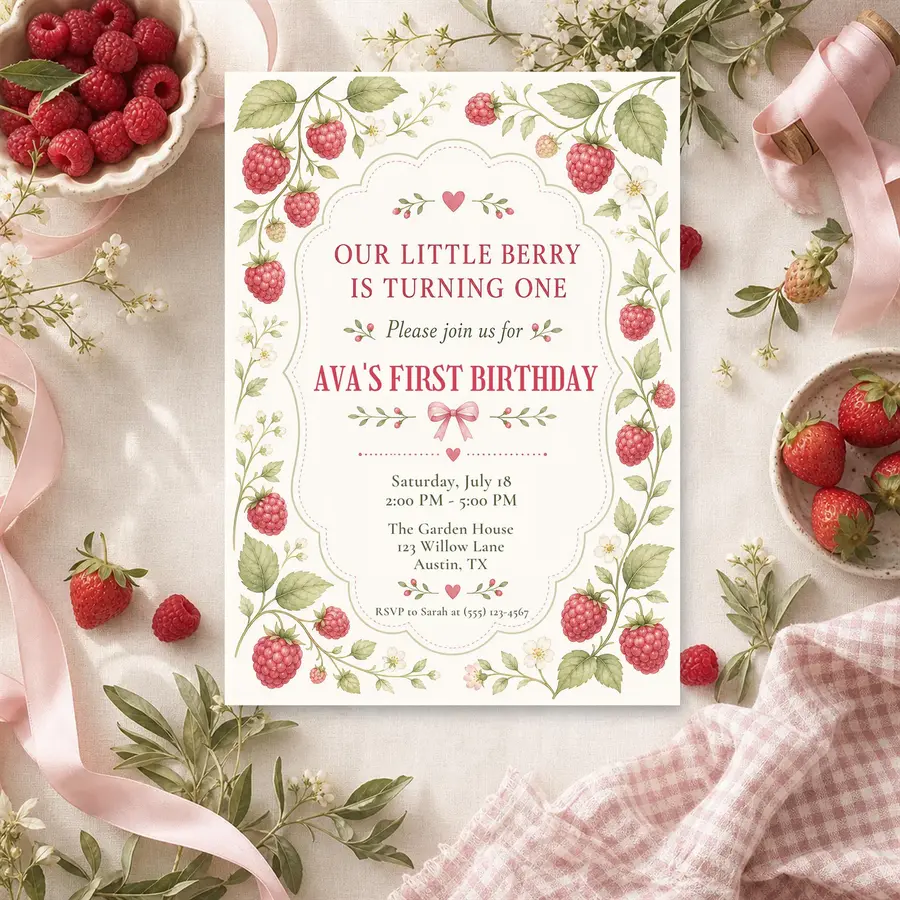 Styled product mockup: Our Little Berry Is Turning One Invitation Editable Canva Invite, 5x7 Printable Berry Birthday Digital Invitation, Instant Download.