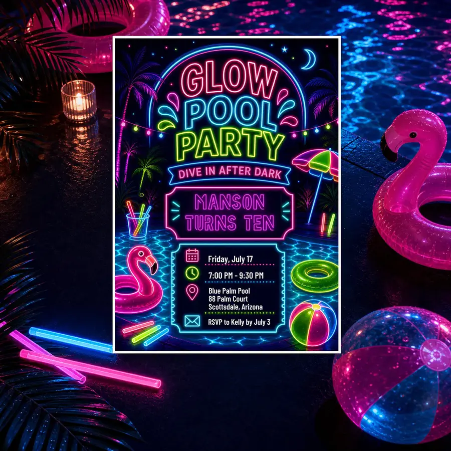 Styled product mockup: Glow Pool Party Birthday Invitation Editable Canva Invite, Neon Swim Party 5x7 Printable Digital Invitation Instant Download.