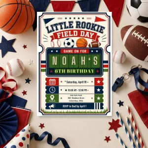 Styled product mockup: All Sports Field Day Birthday Invitation Editable Canva Invite, 5x7 Printable Digital Invitation, Instant Download.