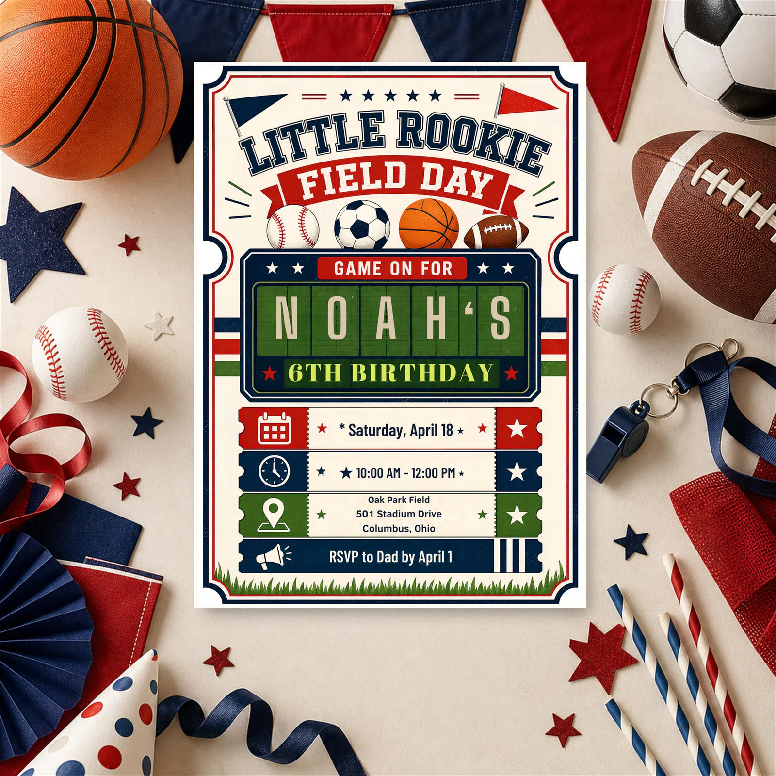 Styled product mockup: All Sports Field Day Birthday Invitation Editable Canva Invite, 5x7 Printable Digital Invitation, Instant Download.