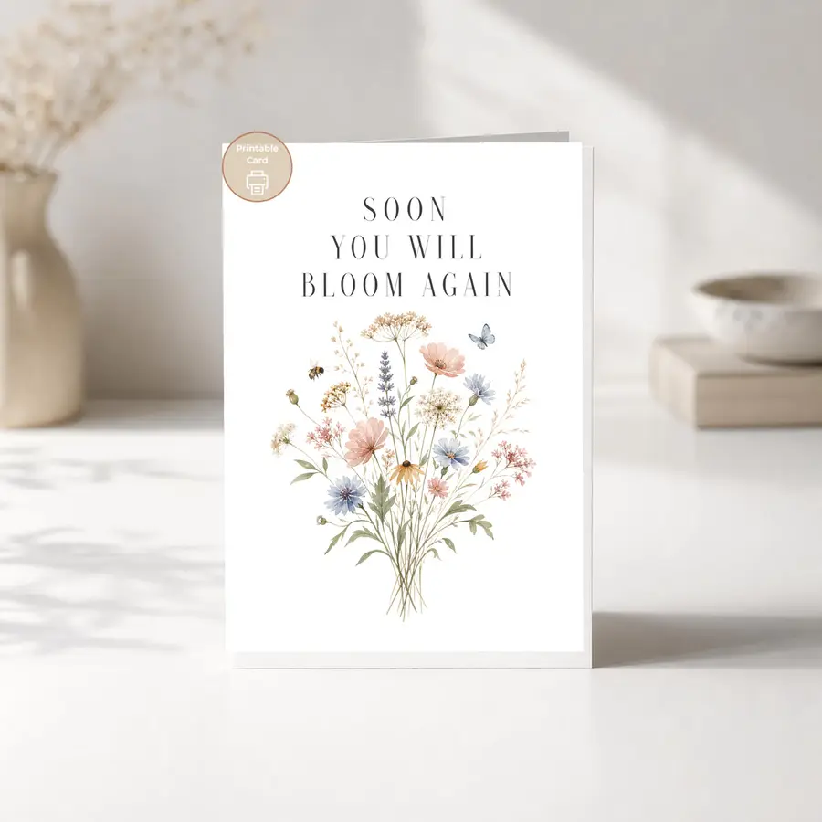 Styled product mockup: A printable floral get well soon printable card card for flower lovers, spring birthdays, and thoughtful everyday notes.