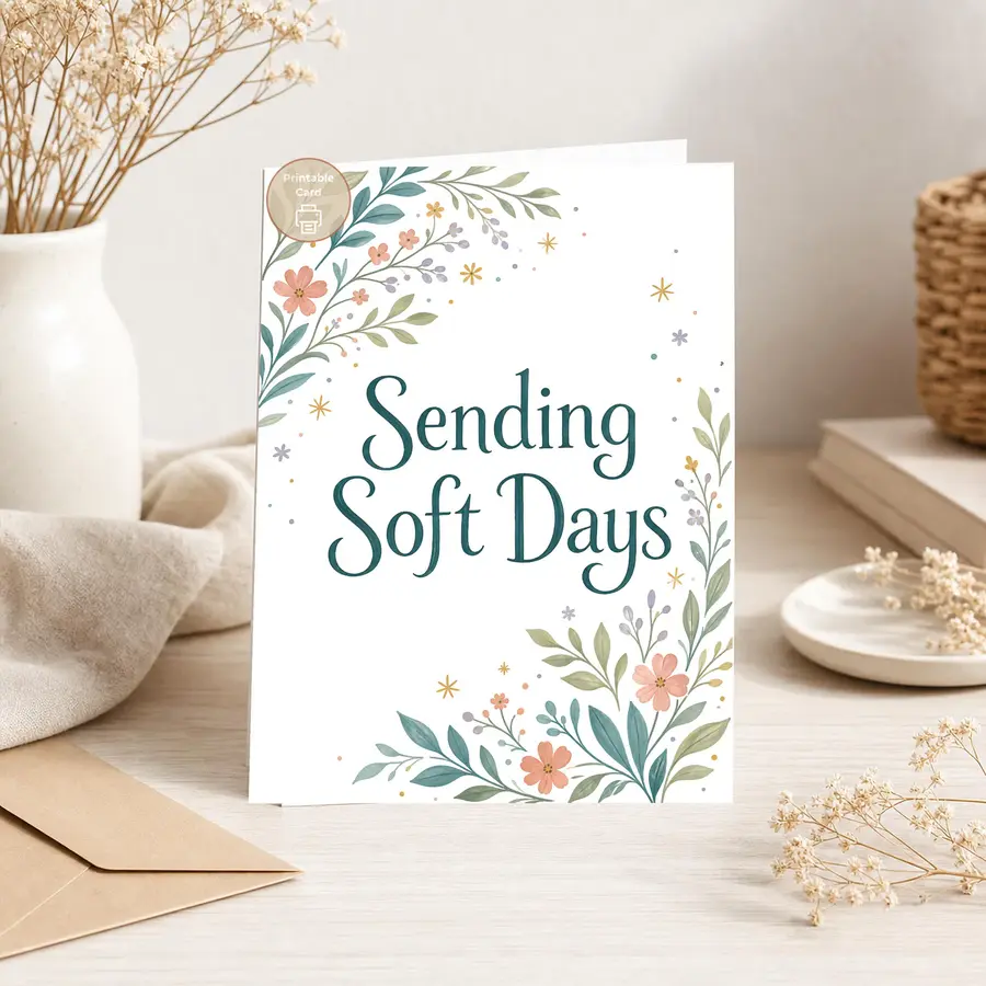 Styled product mockup: A printable sending soft days printable encouragement card card for flower lovers, spring birthdays, and thoughtful everyday notes.