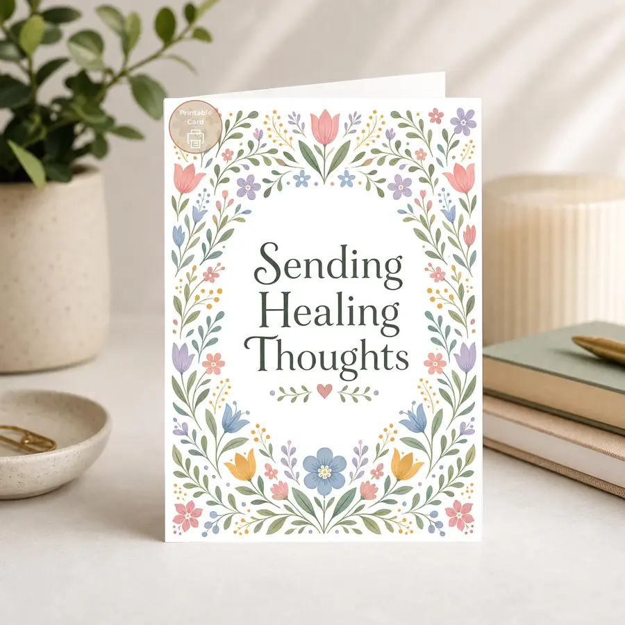 Styled product mockup: A printable healing thoughts sympathy card card for plant lovers, plant moms, and thoughtful last minute gifting.