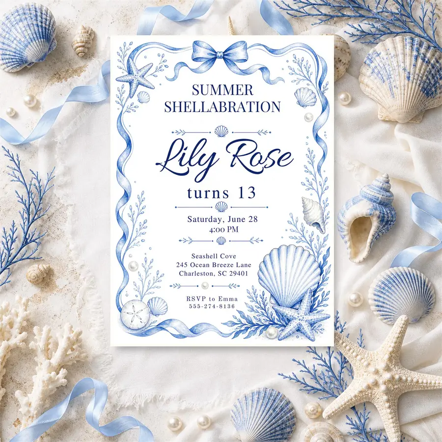 Styled product mockup: Summer Shellabration Birthday Editable Canva Invite, Blue Seashell Starfish 5x7 Printable Digital Invitation Instant Download.