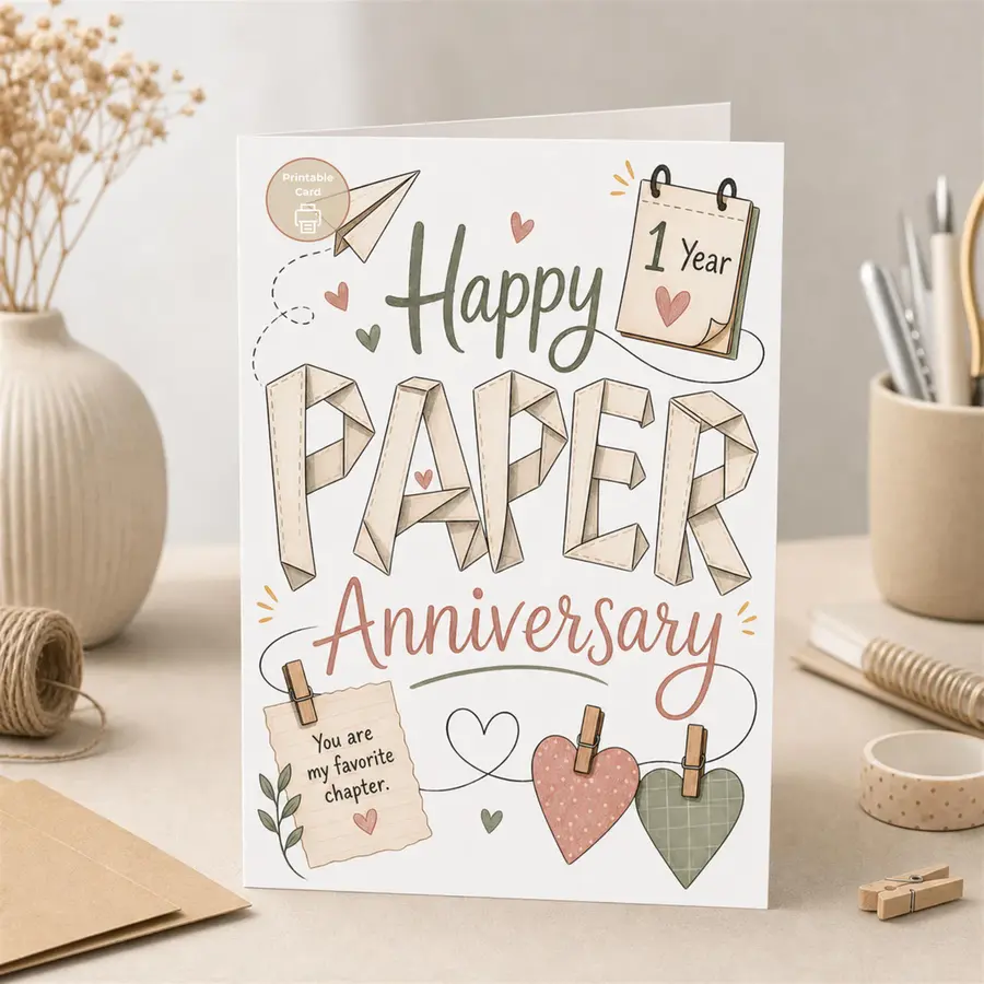 Styled product mockup: Paper Anniversary Card, 1 Year Wedding Anniversary, Printable First Anniversary Card