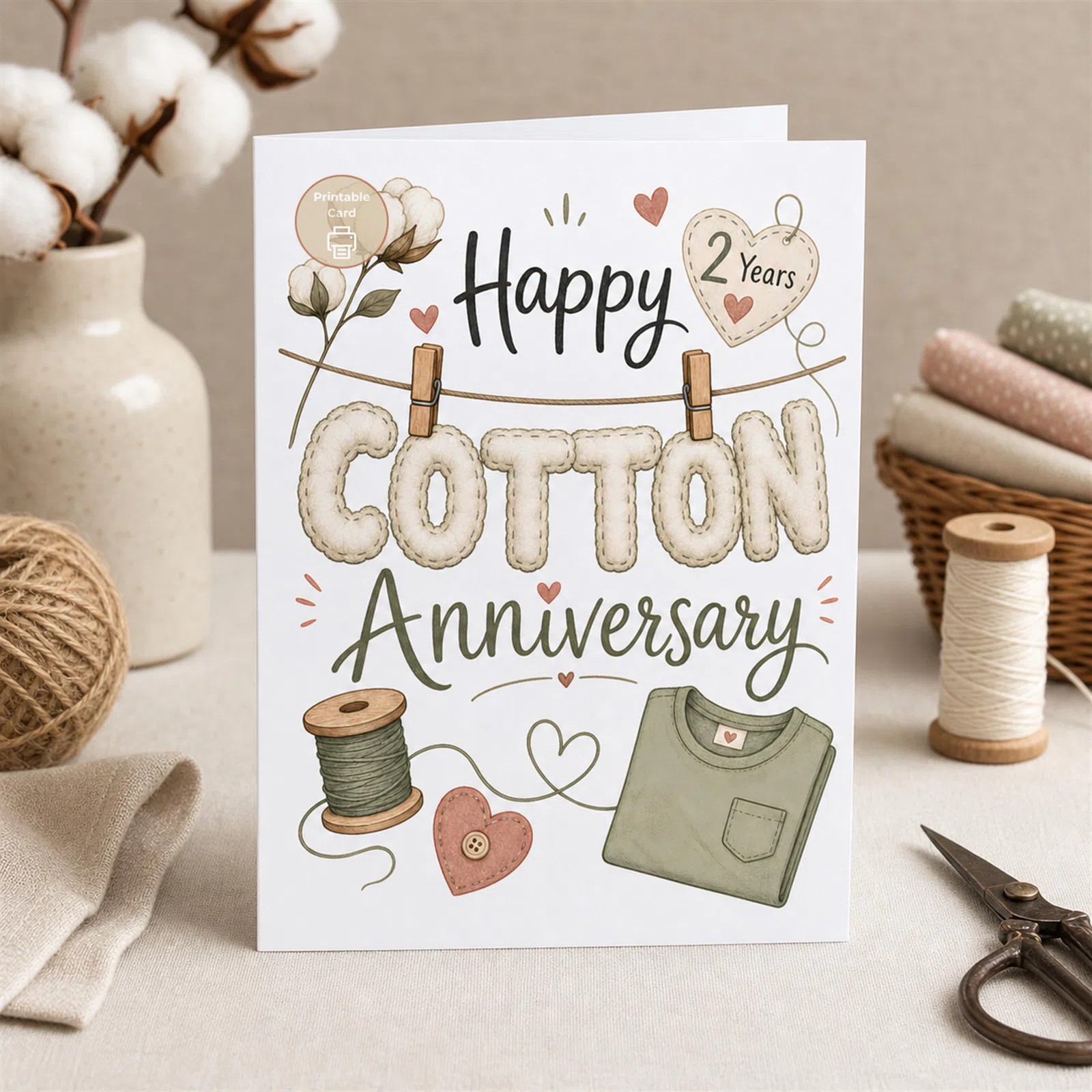 Styled product mockup: A printable cotton anniversary card card for flower lovers, spring birthdays, and thoughtful everyday notes.