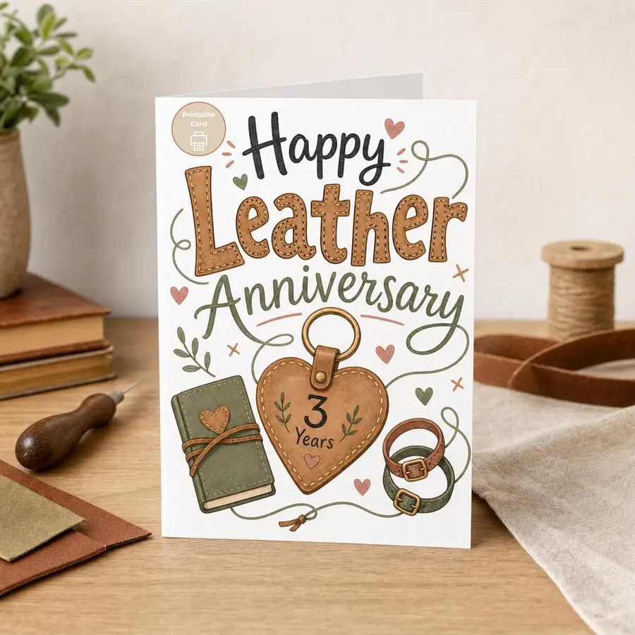 Styled product mockup: Leather Anniversary Card, 3rd Anniversary Gift, Printable Husband Wife Card