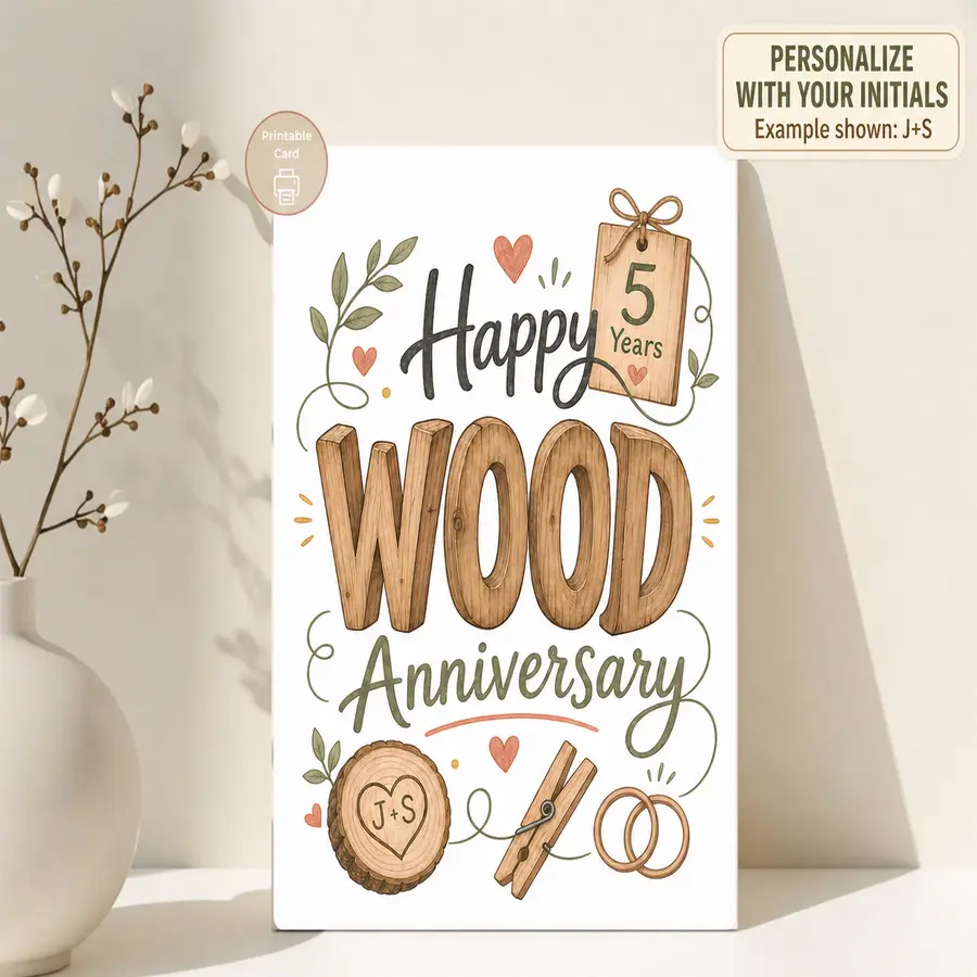 Styled product mockup: Celebrate five years together with a personalized wood anniversary card featuring your own two initials inside the engraved wooden heart.