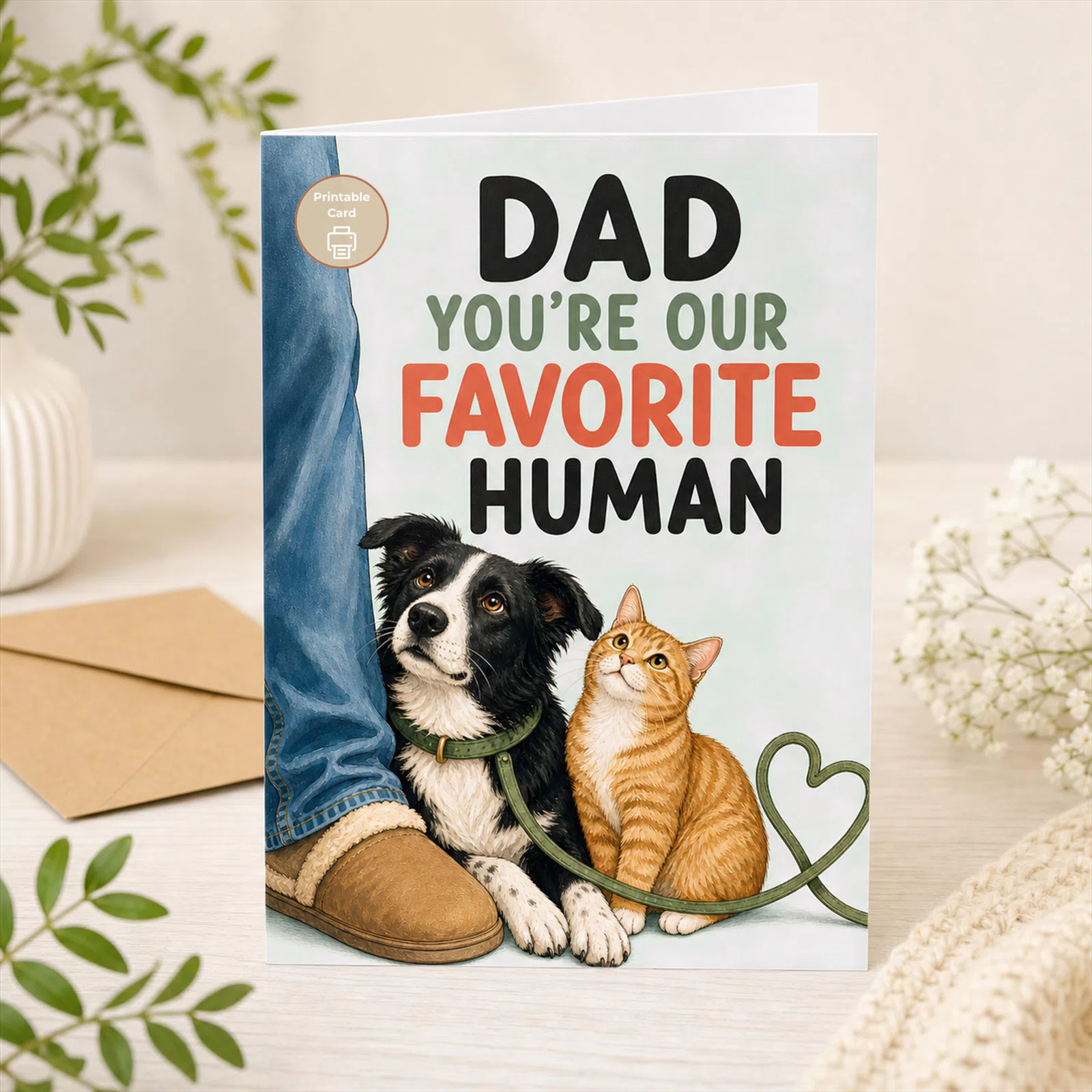 Styled product mockup: Dad Pet Card, Favorite Human Father's Day Printable, Dog Cat Greeting Card