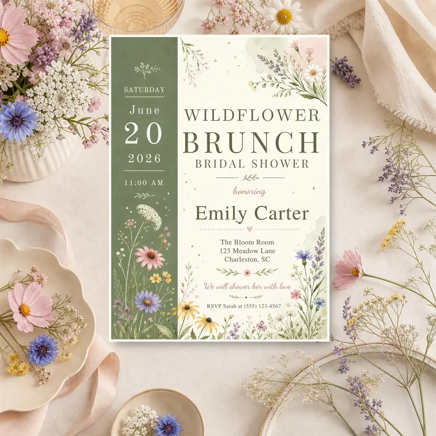Styled product mockup: Watercolor Wildflower Bridal Shower Invitation, Editable Canva Invite, Brunch 5x7 Printable Digital Invitation Instant Download.