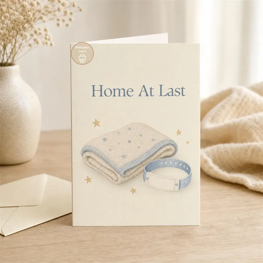 Styled product mockup: NICU Graduation Card, Home At Last, New Baby