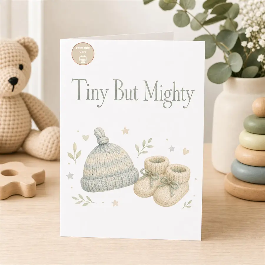 Styled product mockup: A printable tiny but mighty printable nicu baby card card for plant lovers, plant moms, and thoughtful last minute gifting.