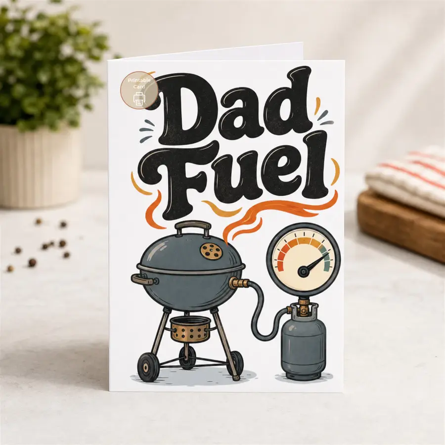 Styled product mockup: Father's Day BBQ Card, Dad Fuel, Funny Grill Greeting Card