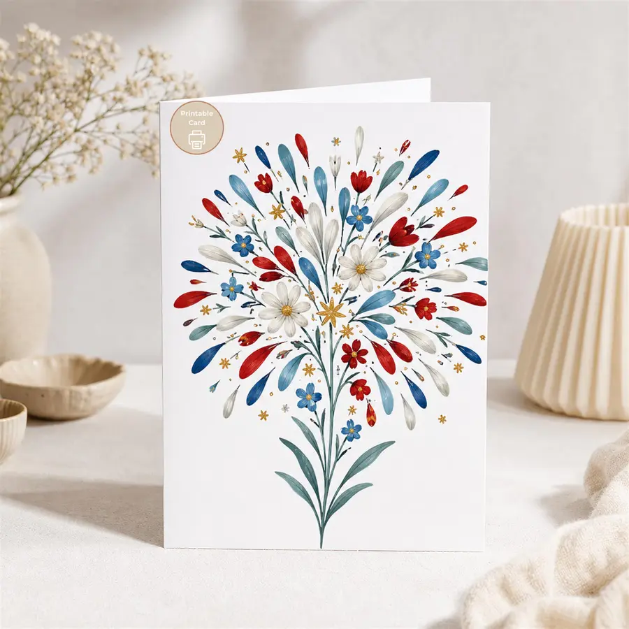 Styled product mockup: A printable patriotic floral printable fourth of july card card for flower lovers, spring birthdays, and thoughtful everyday notes.