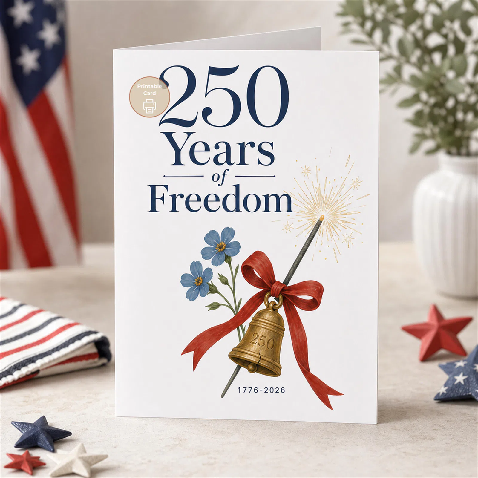 Styled product mockup: A printable 250th independence day card card for flower lovers, spring birthdays, and thoughtful everyday notes.