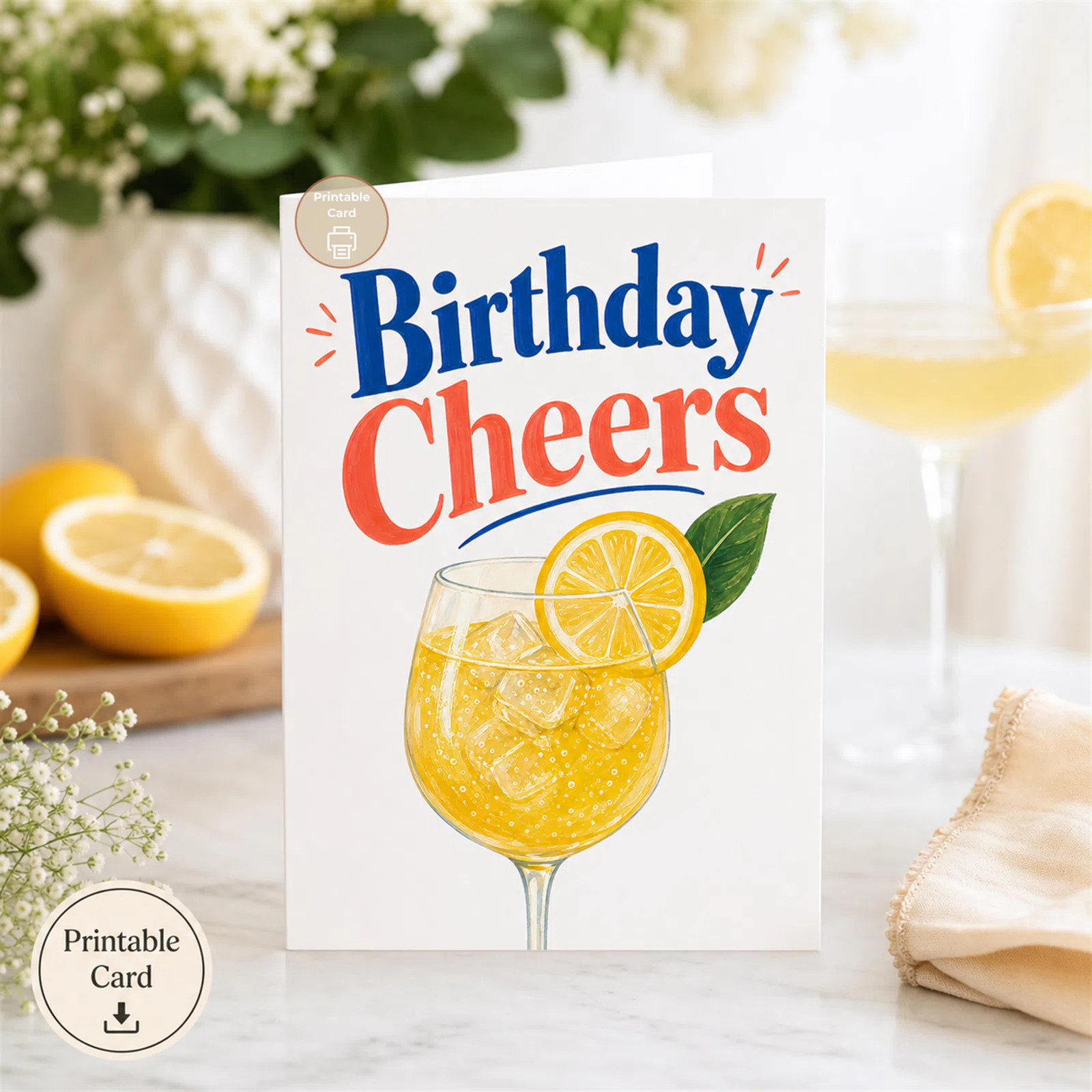Styled product mockup: A printable cocktail birthday printable card for plant lovers, plant moms, and thoughtful last minute gifting.