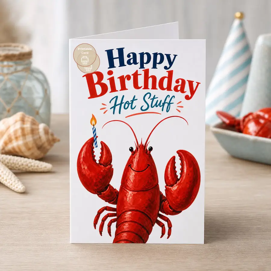 Styled product mockup: Funny Birthday Card, Lobster Hot Stuff Card