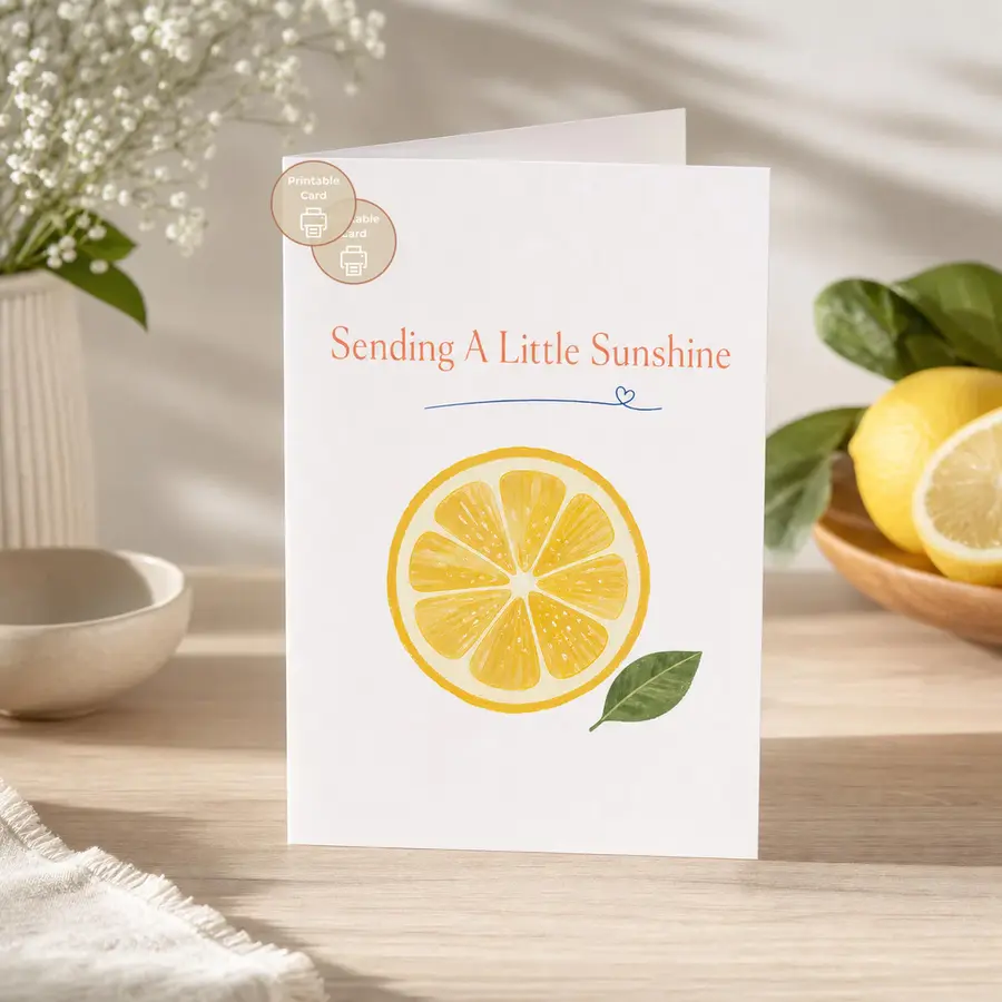 Styled product mockup: A printable sunshine lemon encouragement card card for plant lovers, plant moms, and thoughtful last minute gifting.