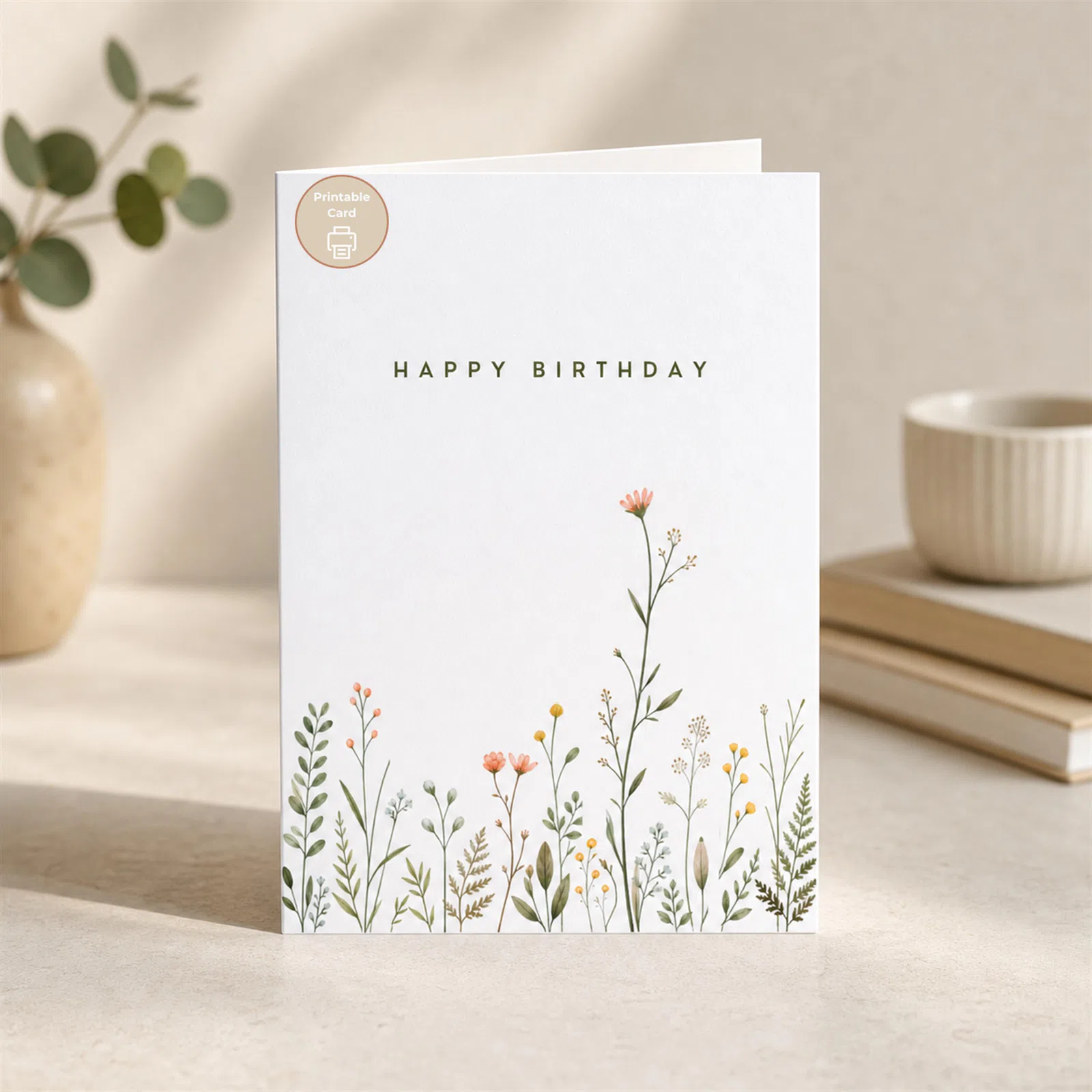Styled product mockup: A printable botanical birthday card card for flower lovers, spring birthdays, and thoughtful everyday notes.