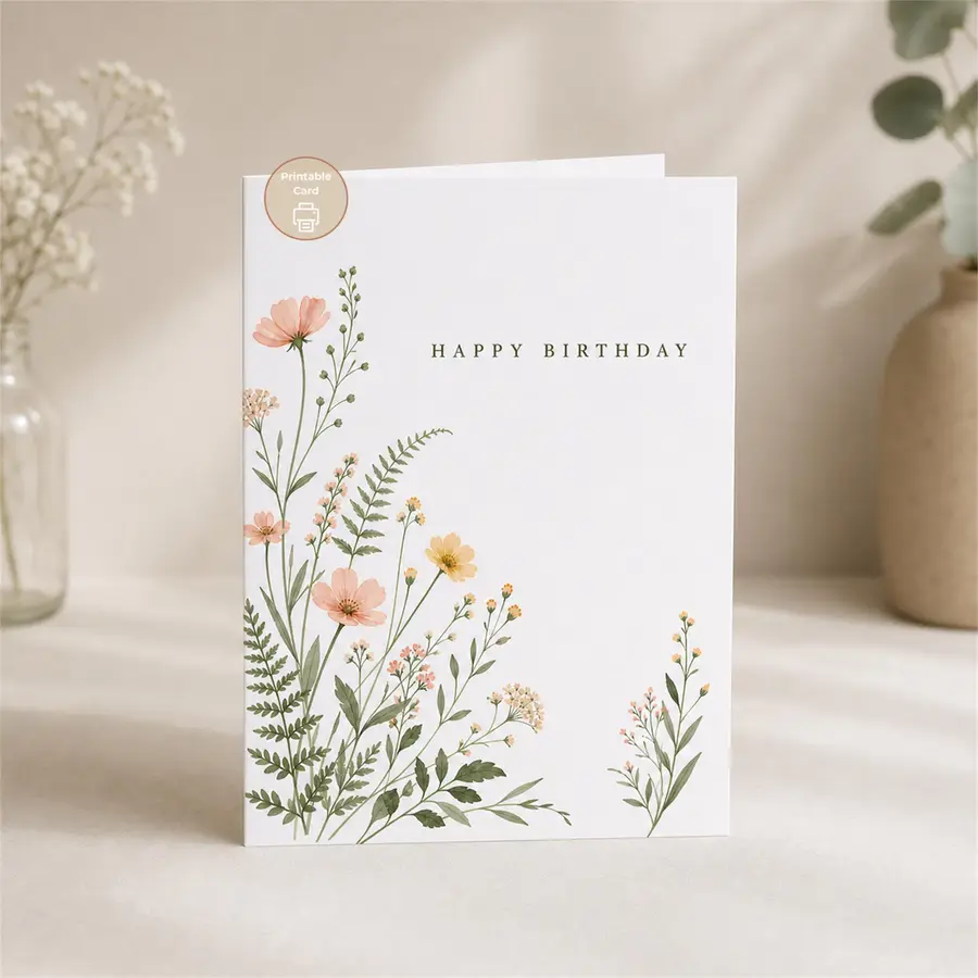 Styled product mockup: A printable printable birthday card card for flower lovers, spring birthdays, and thoughtful everyday notes.
