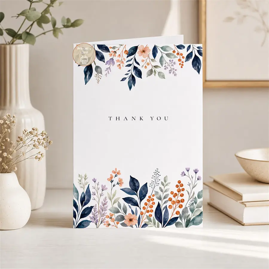 Styled product mockup: A printable watercolor botanical thank you card card for flower lovers, spring birthdays, and thoughtful everyday notes.
