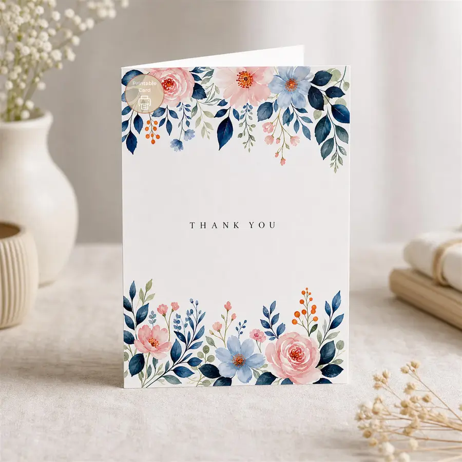 Styled product mockup: A printable printable floral thank you card card for flower lovers, spring birthdays, and thoughtful everyday notes.