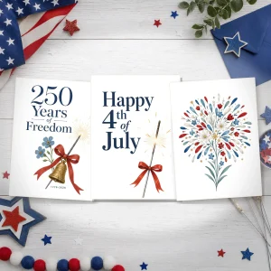 Styled product mockup: A patriotic printable greeting card bundle for 4th of July and America 250 celebrations.