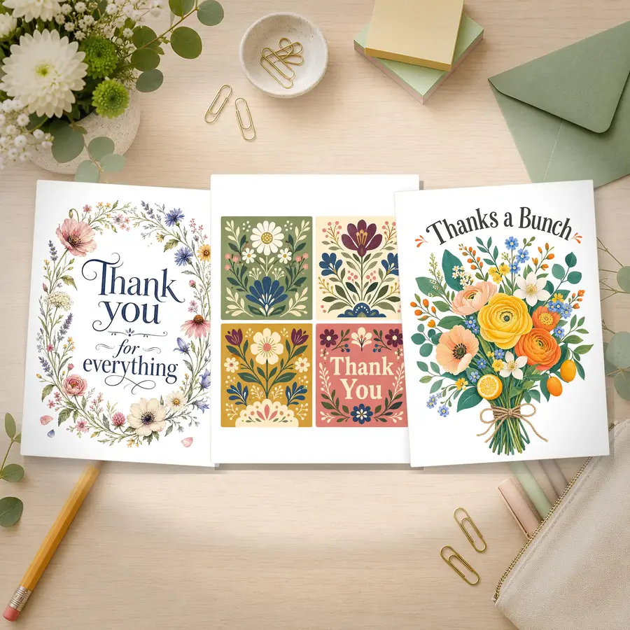 Styled product mockup: A printable teacher appreciation card bundle with three gentle thank-you designs: a floral thank-you card, a folk floral card, and a bouquet-style Thanks A.
