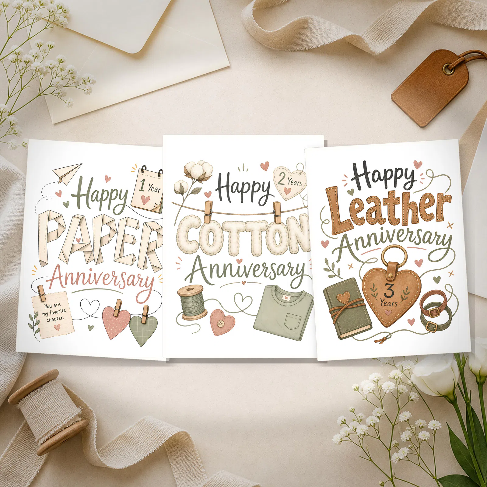 Styled product mockup: A printable anniversary card bundle for the first three traditional anniversary years: paper, cotton, and leather.