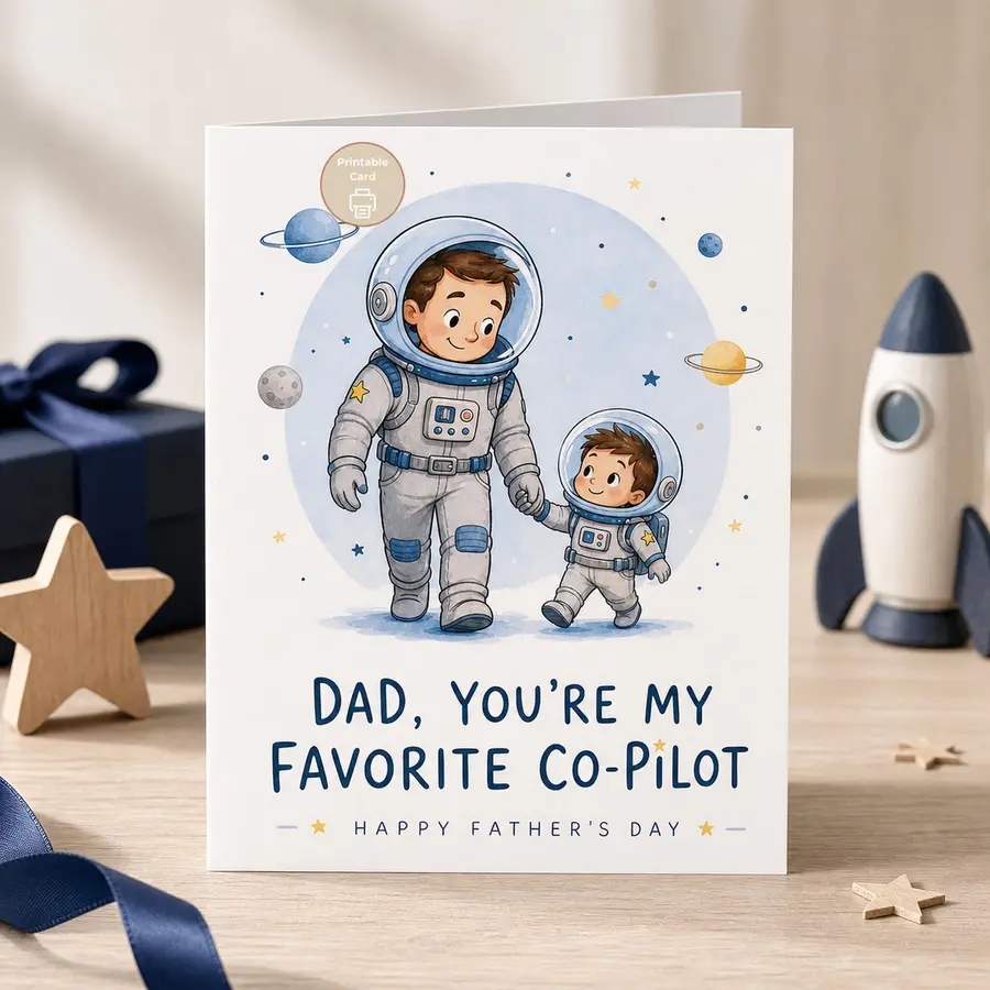 Styled product mockup: Celebrate Dad with a sweet Father's Day printable card featuring a dad and child astronaut walking together under a soft watercolor space sky.