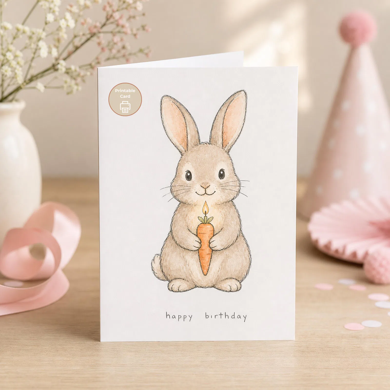 Styled product mockup: This printable bunny birthday card features a soft watercolor rabbit holding a carrot candle, with small lowercase happy birthday lettering beneath the.