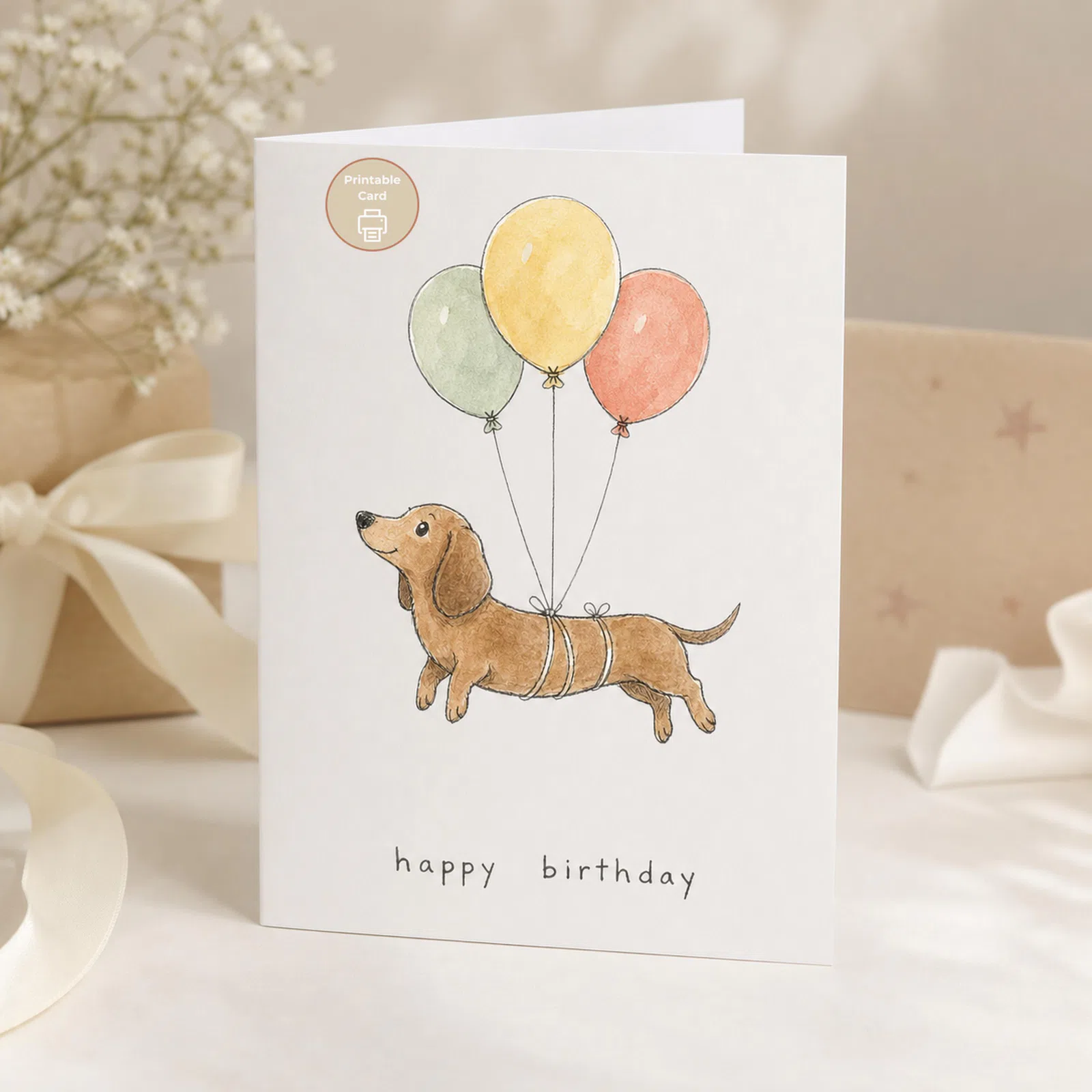 Styled product mockup: This printable birthday card shows a watercolor dachshund lifted by three soft pastel balloons above a simple hand-lettered happy birthday message.