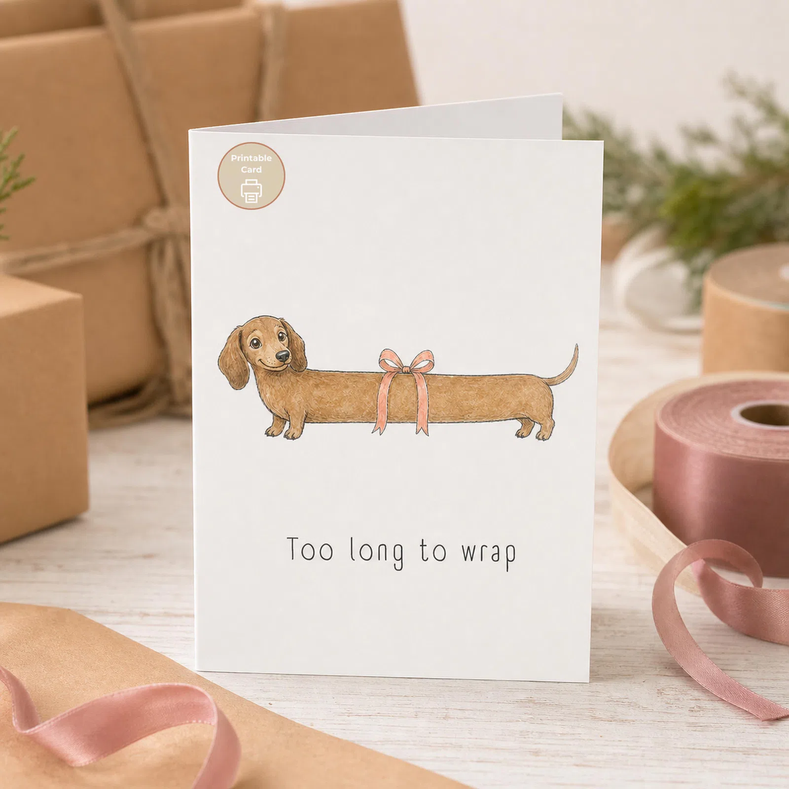 Styled product mockup: This printable card features a charming watercolor dachshund stretched across the front with a soft pink bow and the playful phrase "Too long to wrap.