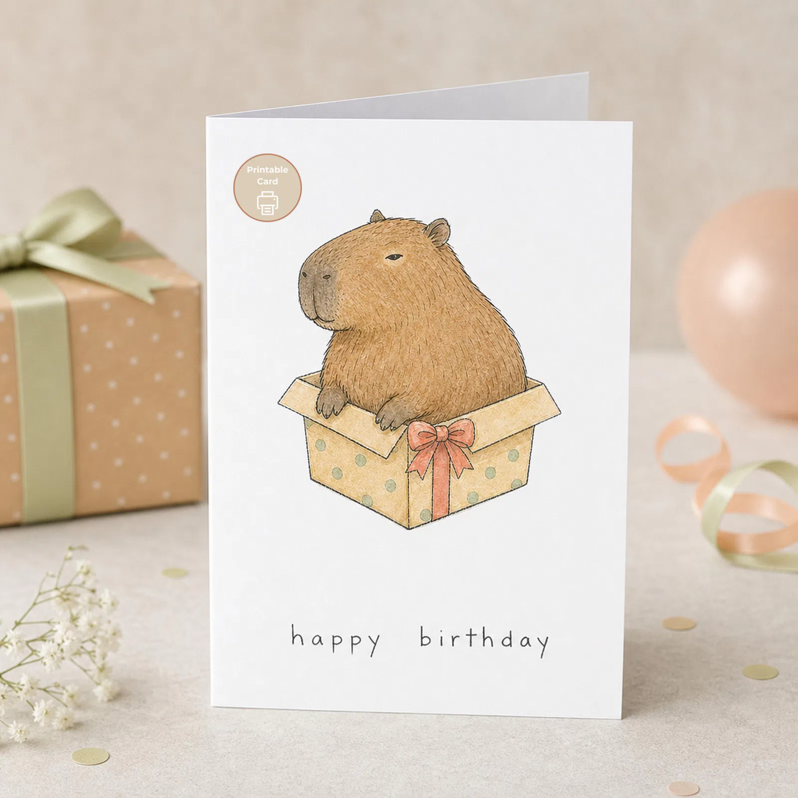 Styled product mockup: Send a sweet birthday surprise with this watercolor capybara peeking out of a ribboned gift box.