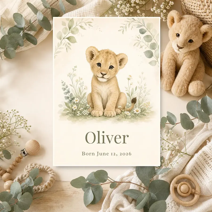 Styled product mockup: Watercolor Lion Cub Birth Announcement Template, Editable Canva Template, 5x7 Printable, Digital Download, Instant Download.