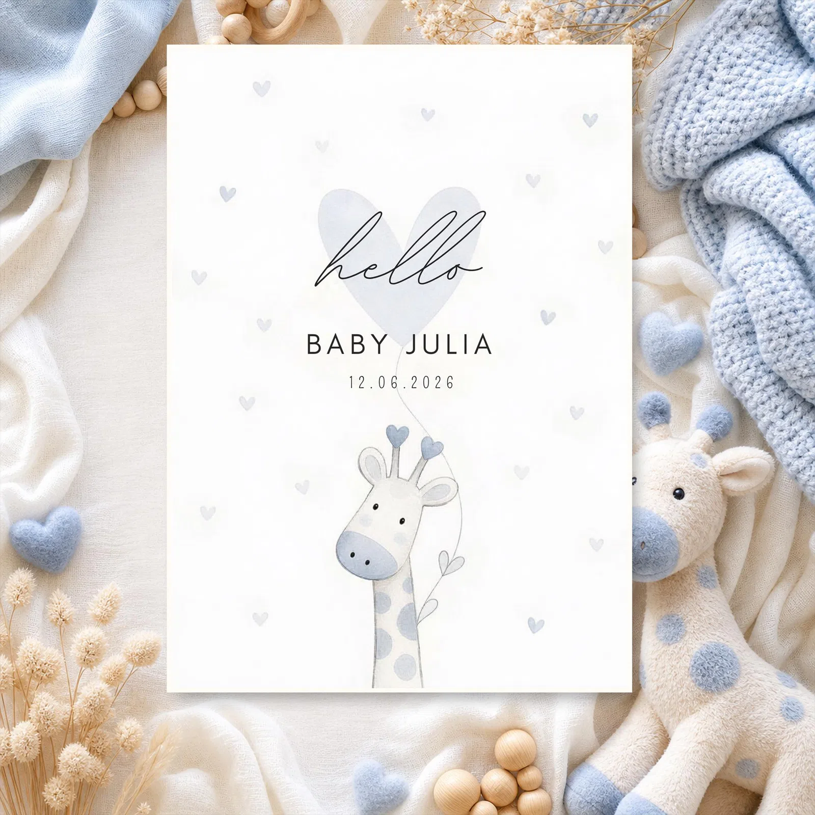 Styled product mockup: Blue Heart Baby Giraffe Birth Announcement Template, Editable Canva Template, 5x7 Printable, Digital Download, Instant Download.