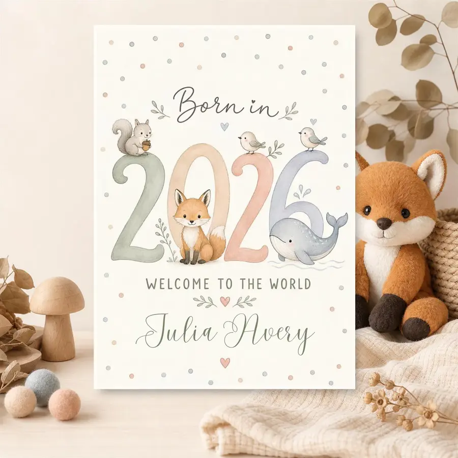 Styled product mockup: Woodland Animal Birth Announcement Template, Editable Canva Template, 5x7 Printable, Digital Download, Instant Download.